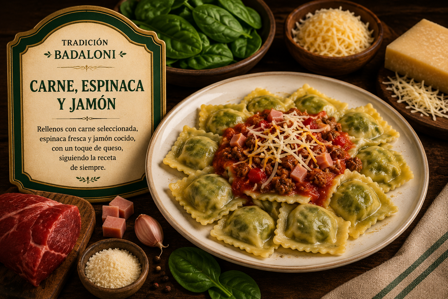 Ravioles de carne, espinaca y jamón